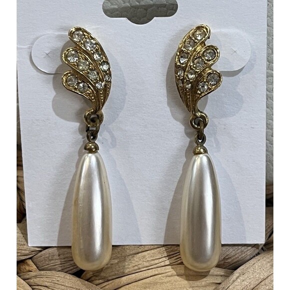 Fabulous VTG Gold Tone Tear Drop Rhinestone Faux Pearl Earrings Regency Art Deco - Picture 2 of 7